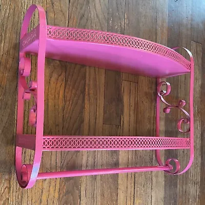 Vtg Pink MCM 2 Tier Metal Wall Shelf With Towel Bar Scrolls Bathroom Mid Century • $69.99