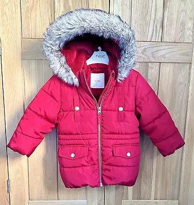 NEXT Hooded Coat / Puffer Jacket Baby Girl 12-18 Months/ Red Burgundy FauxFur 🌷 • £8.29