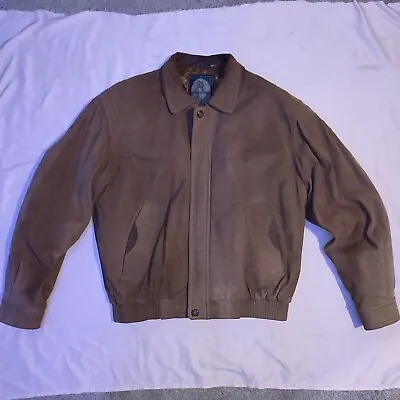 VINTAGE Members Only Jacket Mens Large Long Brown Genuine Leather Bomber Zip 90s • $39.95