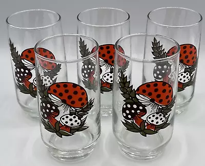 Set Of 5 MCM Vintage Sears Roebuck MERRY MUSHROOM 5 1/4'' 12oz Glasses Tumblers • $65