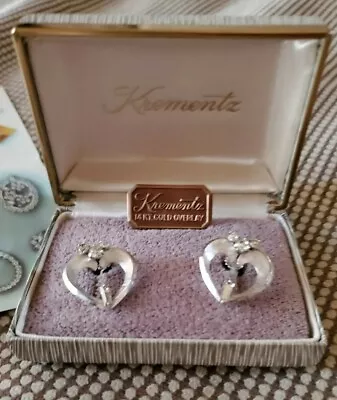 Vintage Jewelry Earrings Signed Krementz Heart Shape Screw On 14kt GF White Gold • $25.90