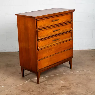 Mid Century Modern Dresser Highboy Dixie Walnut 5 Drawer Wood Brass Chest Handle • $934.13