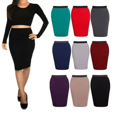 Womens Plain High Waisted Knee Length Bodycon Stretch Pencil Midi Skirt 8-22 • £6.69