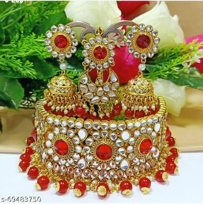 $27.49 • Buy Red Kundan Gold Tone Choker Necklace Set Indian Bollywood Bridal Women Jewelry 