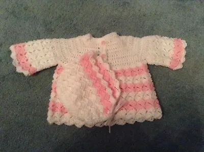 A New Hand Crochet Baby Cardigan & Hat Set White & Pale Pink Dk Yarn 0 - 3 Month • £6