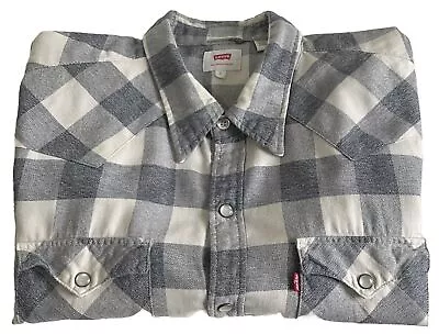 Levis Mens Long Sleeve Checked Brushed Cotton Cowboy Shirt Size L Blue/White • £14.99