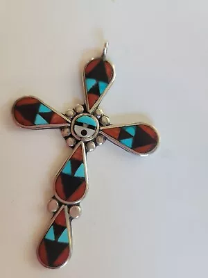 Vintage Zuni Native Sterling Silver Turquoise Coral Large Cross Pendant Signed • $11.50