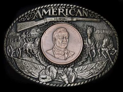 TC13174 VINTAGE 1980s **JOHN WAYNE AN AMERICAN** COMMEMORATIVE BELT BUCKLE • $60