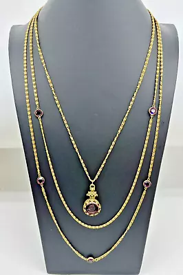 Vintage Signed Goldette Layered 3 Strand Purple Glass Intaglio Cameo Necklace • $49