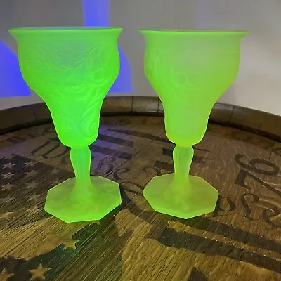 McKee Rock Crystal Water Goblet Super Rare Depression Glass Glowing Cups Floral • $235
