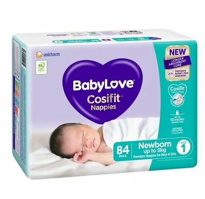 $29.95 • Buy Babylove Cosifit Nappies - Jumbo Bag - Newborn - Size 1 - 84 Pack