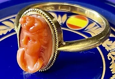 Antique 18ct Gold & Red Coral Cameo  Ring. Gold Jewellery Carved Red Coral • £365