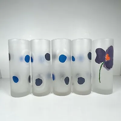 Dartington France Frosted Highball Glasses 4 Blue Polka Dot & 1 Purple Flower • $36
