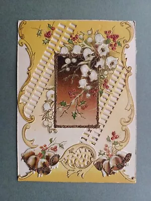 EARLY 1900s CHRISTMAS CARD - LILY-OF-THE-VALLEY PIERCED WORK GLITTER • £5.25