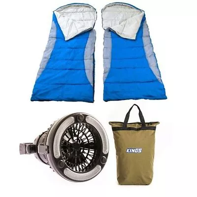 2x Kings Hooded Sleeping Bag + Doona/Pillow Canvas Bag + 2in1 LED  Light & Fan • $144.80