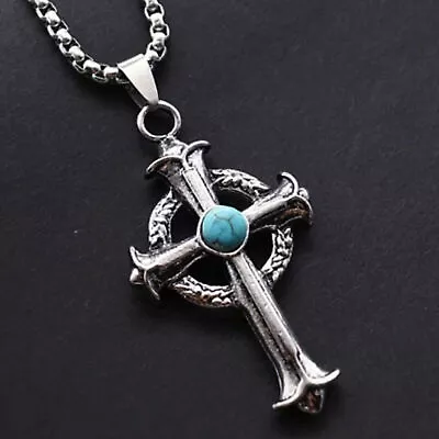 Mens Vintage Turquoise Celtic Cross Pendant Necklace Stainless Steel Chain 24  • $8.99