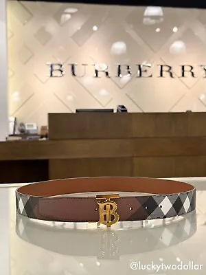 Authentic Burberry Check And Leather Reversible TB Belt Brown & Birch Brown • $590