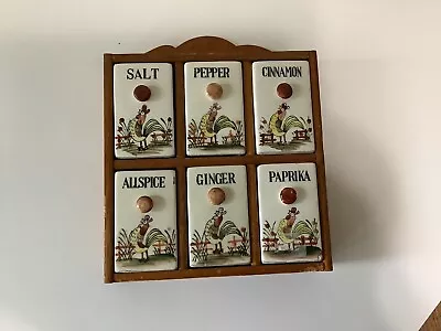 Wooden Spice Rack/Cabinet With 6 Jars  Roosters . Vintage • $24.98