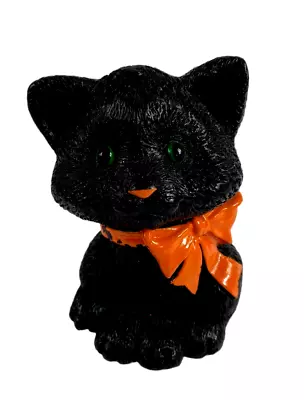 Vintage Halloween BLACK CAT With Green Eyes And Orange Bow Figural Wax Candle • $9.99