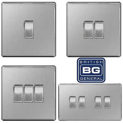 BG Brushed Steel Satin Light Switch FBS12 FBS42 FBS43 FBS44 2 Way Screwless • £6.40