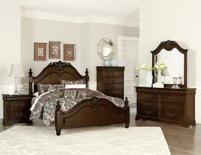 4 Pc Dark Cherry Finish King Bed N/s Dresser Mirror Bedroom Furniture Set • $1899