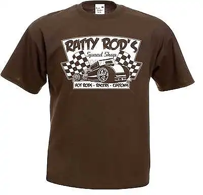 T Shirt Braun US Car V8 Old School Hot Rod-& `50 Style Motif Model Ratty Rods • £13.55