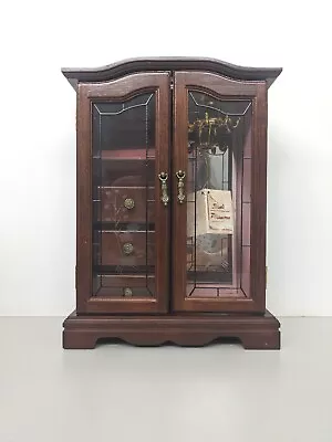 Vintage Wooden Armoire Jewelry Box Etched Floral Glass Swing Out Door Musical • $89.95