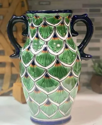 Vintage Uriarte Talavera Mexican Pottery Vase With Handles Peacock Pattern • $60