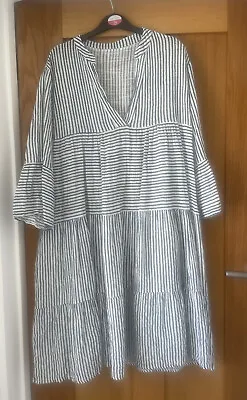 $8.73 • Buy Made In Italy Dress Uk Size 18/20 Cotton Blue Striped Knee Length Fit Flare