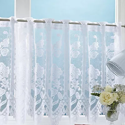 Floral Flowers White Quality Cheap Lace Cafe Net Curtain - SOLD BY THE METRE • £3.48