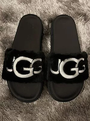 UGG Womens Laton Logo Platform Sandals Slides Size 9 Black Faux Fur • $59.99