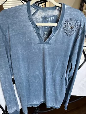 Vintage Guess Distressed Long Sleeve Shirt Mens XL V Neck Blue  • $26