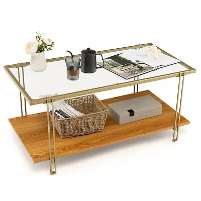 Giantex Coffee Table Rectangle Glass Top Wood Bottom Storage Shelf Gold Steel • $75.95