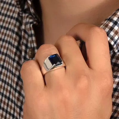Blue Sapphire Men's Signet Ring 925 Sterling Silver Ring Gift For Friend • $55.25