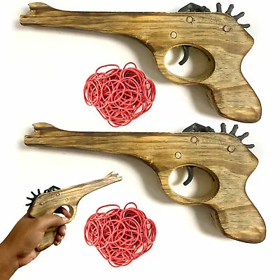 2 Wooden Rubber Band Gun Pistol 200ct Ammo Shooter Kids Cowboy Classic Gift Toy • $9.39