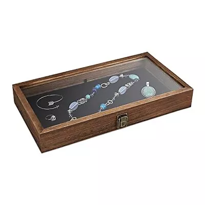 Wooden Jewelry Display Case Tempered Glass Top Lid Brown For Earrings Rings • $27.99