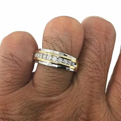 Lab Created Diamond Channel Set Men's Wedding Band Ring 14k Two Tone Gold Plated • $124.99