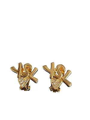 Yves Saint Laurent Vintage Heart Rhinestone  Logo Gold Tone Earrings • £295