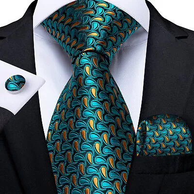 Dibangu Green Red Silk Mens Tie Paisley Necktie Hanky Cufflinks Wedding Tie Set • £10.39