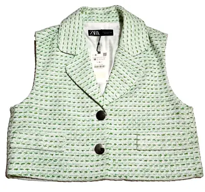 Zara Green White Tweed Short Textured Waistcoat Vest NWT Size Medium • $29.99