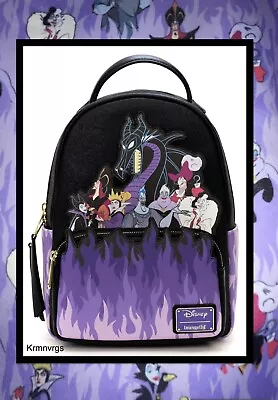 LOUNGEFLY Disney VILLAINS Flame Mini  Backpack;  Cruella Maleficent Ursula Hades • $99.99