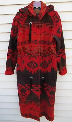 Vintage WOOLRICH Southwestern Aztec Navajo Wool Hooded Conchos Long Coat Medium • £114.77