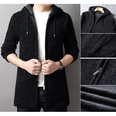 Men Fleece Lined Hooded Cardigan Knit Midi Sweater Jacket Thermal Coat Tops Warm • $44.17