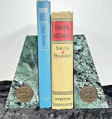 Pair Of Vintage Polished Green Marble And Brass BNSF Railroad Bookends • $44.99