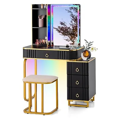 Modern Dressing Table & Stool Set W/Mirror RGB Lights 7 Modes & Charging Station • £199.95