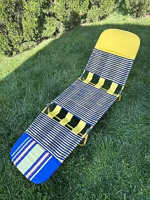 Vintage Folding Aluminum Chaise Lounge Lawn Beach Chair Vinyl PVC Tubing Yellow • $74.99