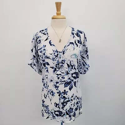 Maurices Womens Blue White Floral Short Sleeve Popover Blouse Top Size 2 Career • $18.98