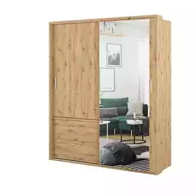 Modern Bedroom Furniture 2 Sliding Door Mirrored Wardrobe Brown Oak - 180cm • £498.88