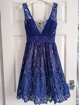 Quiz Stunning Blue Lace Over White Jewel Bust Dress Size 8 • £15