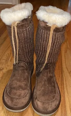 Ugg Brown Leather Cable Knit Sweater Boots Women's Size 5 Shoes Slip On Faux Fur • $24.99